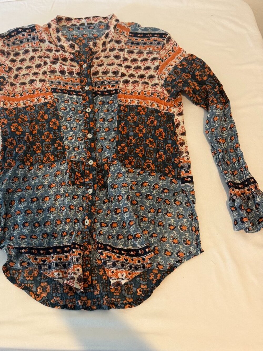 Free People Boho Floral Print Button Front Blouse Women's Small Blue Rust Top
